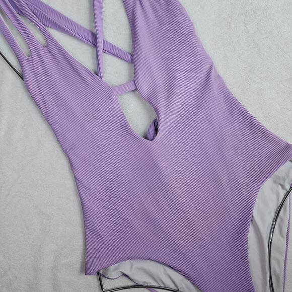 BECCA by Rebecca Virtue Fine Line Rib Skylar Plunge One-Piece Size Medium Purple - Picture 11 of 16